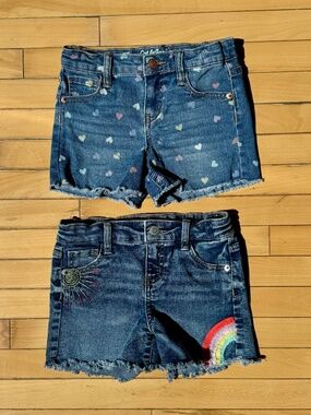2 Cat & Jack Dark Blue Denim Shorts with embroidered rainbow and hearts